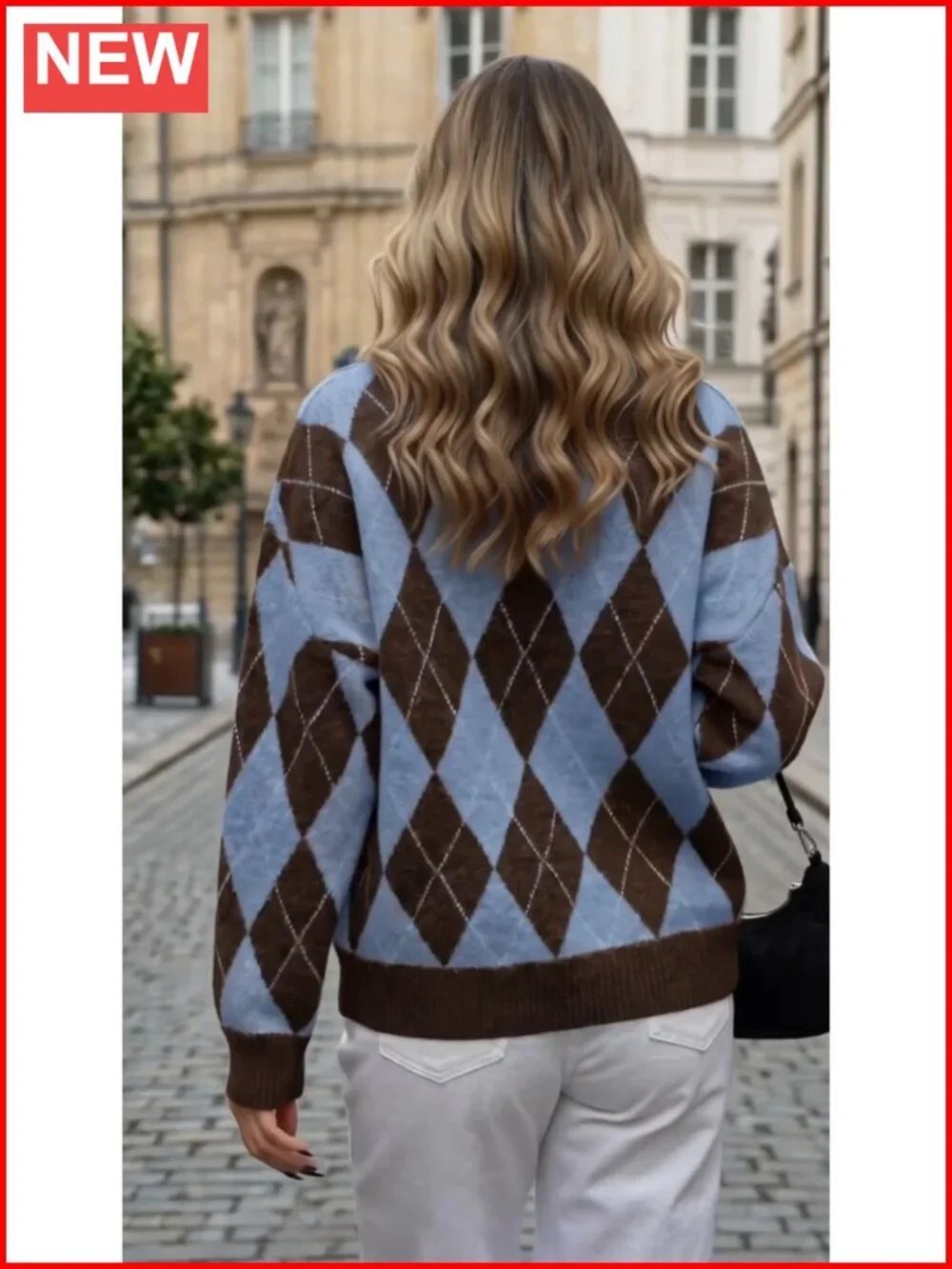 Oversized Argyle Plaid Knit Pullover Sweater Long Sleeve Crew Neck